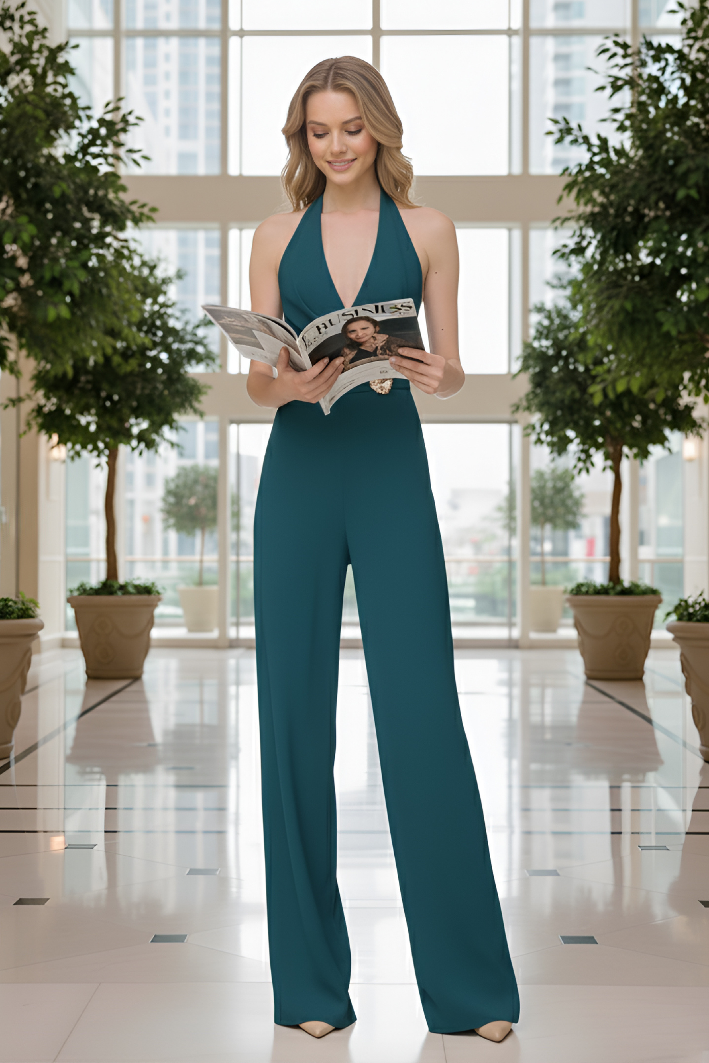 Teal Halter Jumpsuit – Gold Brooch